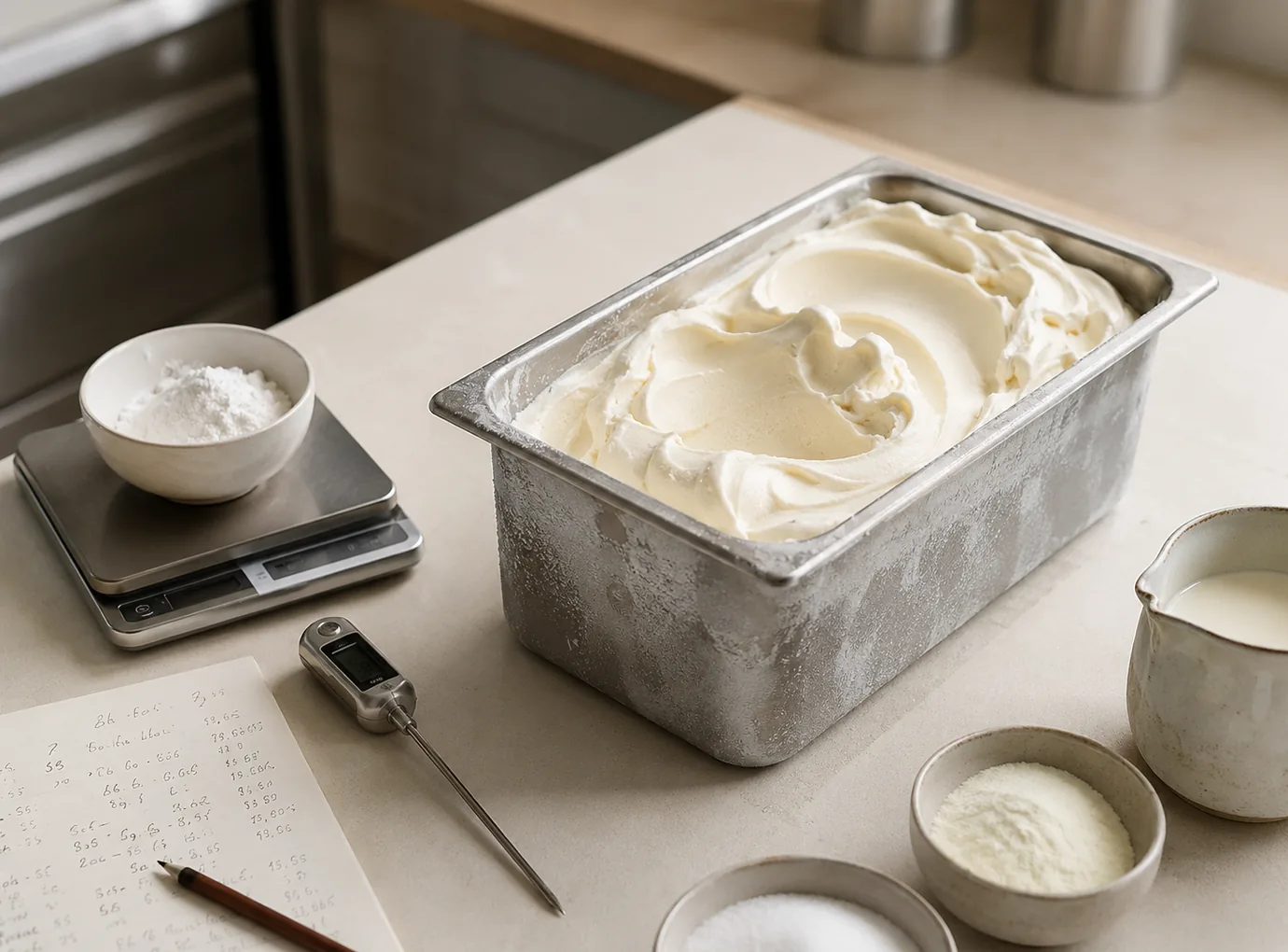 Un bac de glace tout juste turbiné, entouré d’une balance, d’un thermomètre et d’une fiche de recette annotée.