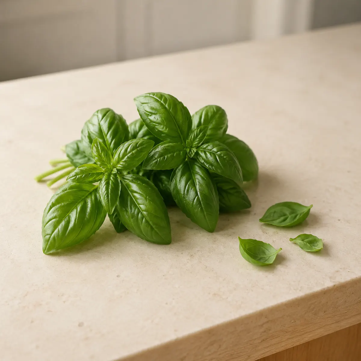 Basilic frais : un petit bouquet, et quelques feuilles détachées à côté.