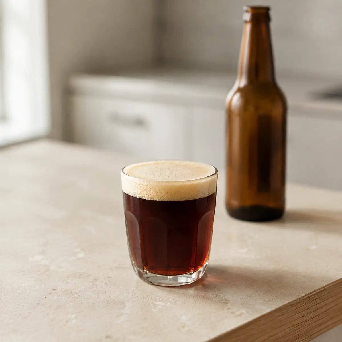 Bière forte : un verre droit, ambre foncé sous un col de mousse, une bouteille sans étiquette derrière.