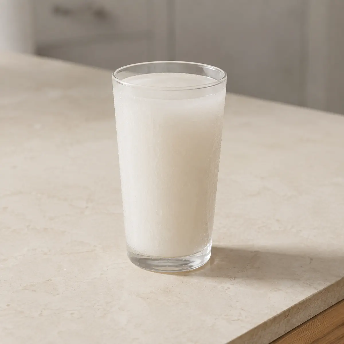 Boisson de coco : un grand verre, embué.