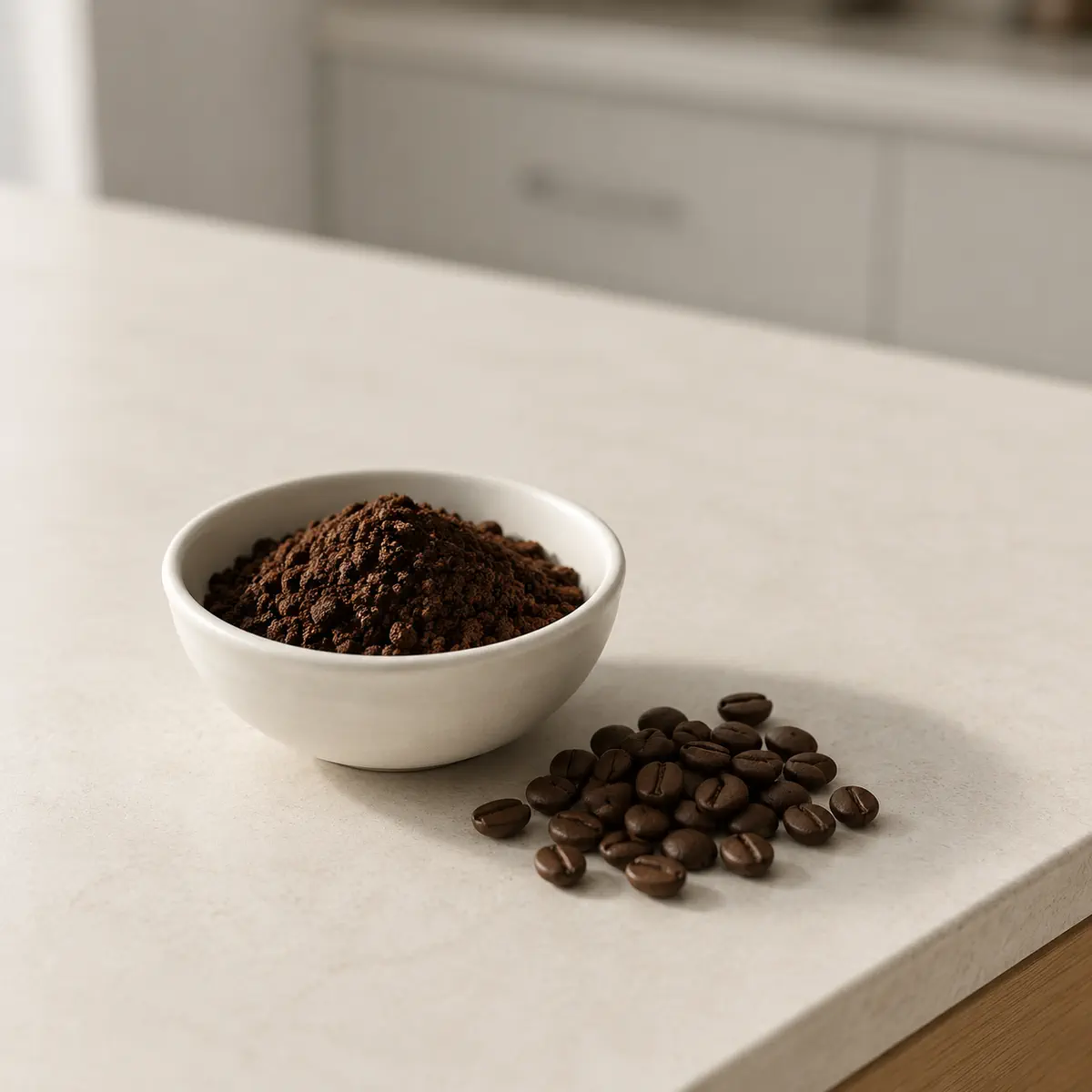 Café moulu : un bol blanc de poudre, et l’épice entière à côté.