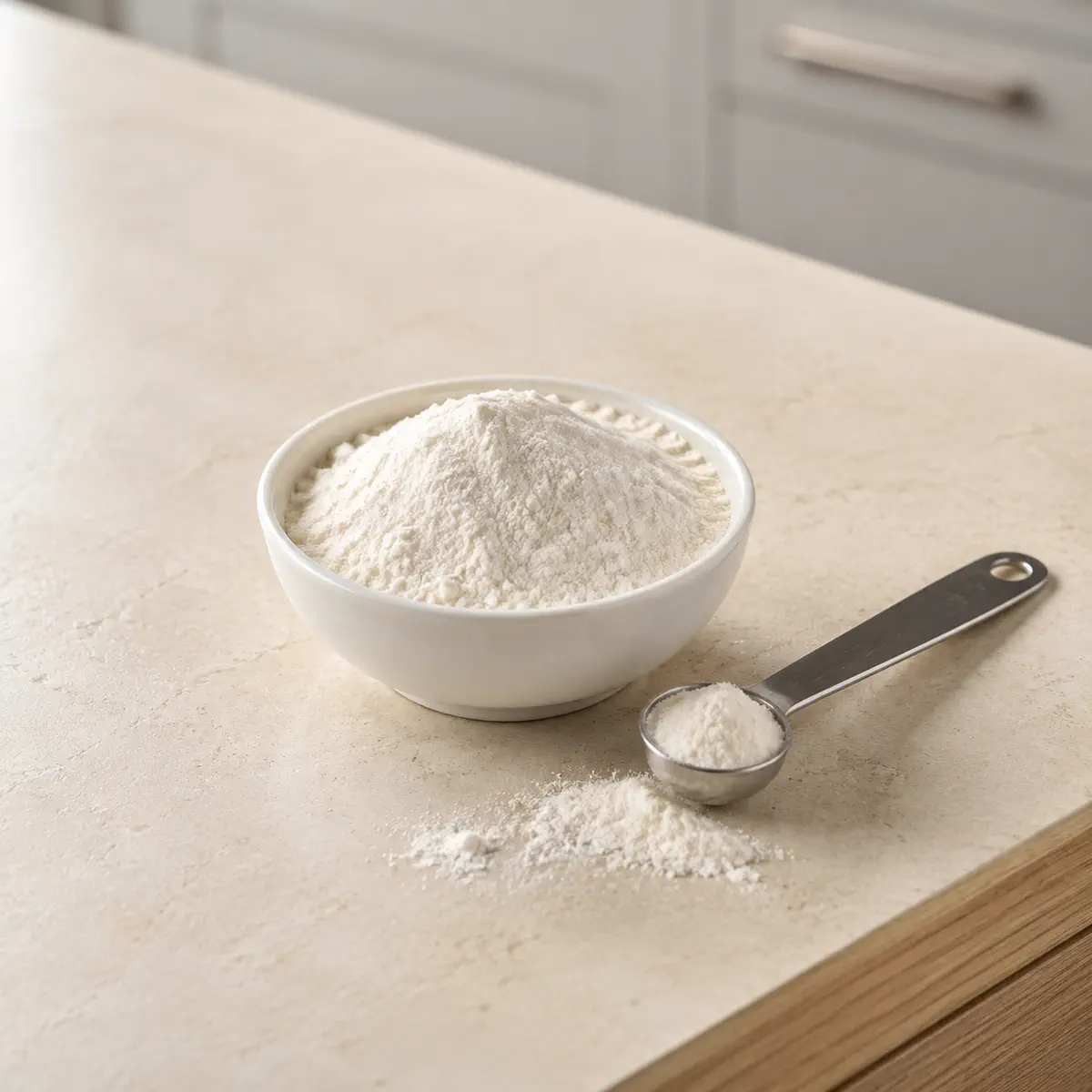 Carboxyméthylcellulose (CMC) : un bol blanc rempli, une cuillère doseuse à côté.