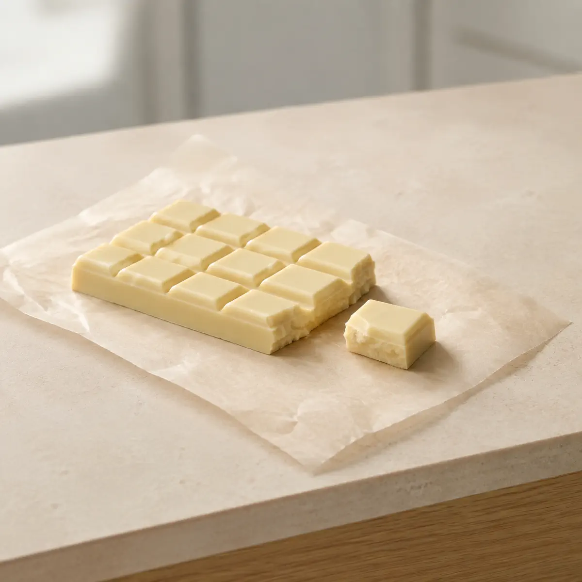 Chocolat blanc : un bloc sur du papier cuisson, un morceau détaché.