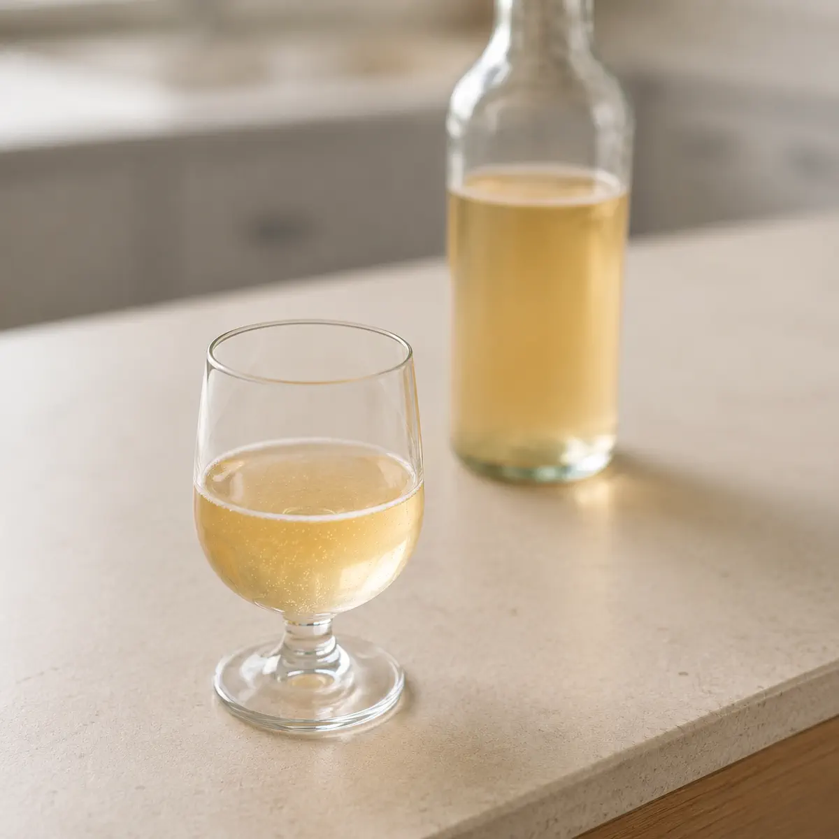 Cidre de pomme : un verre à pied à moitié plein, une bouteille sans étiquette derrière.