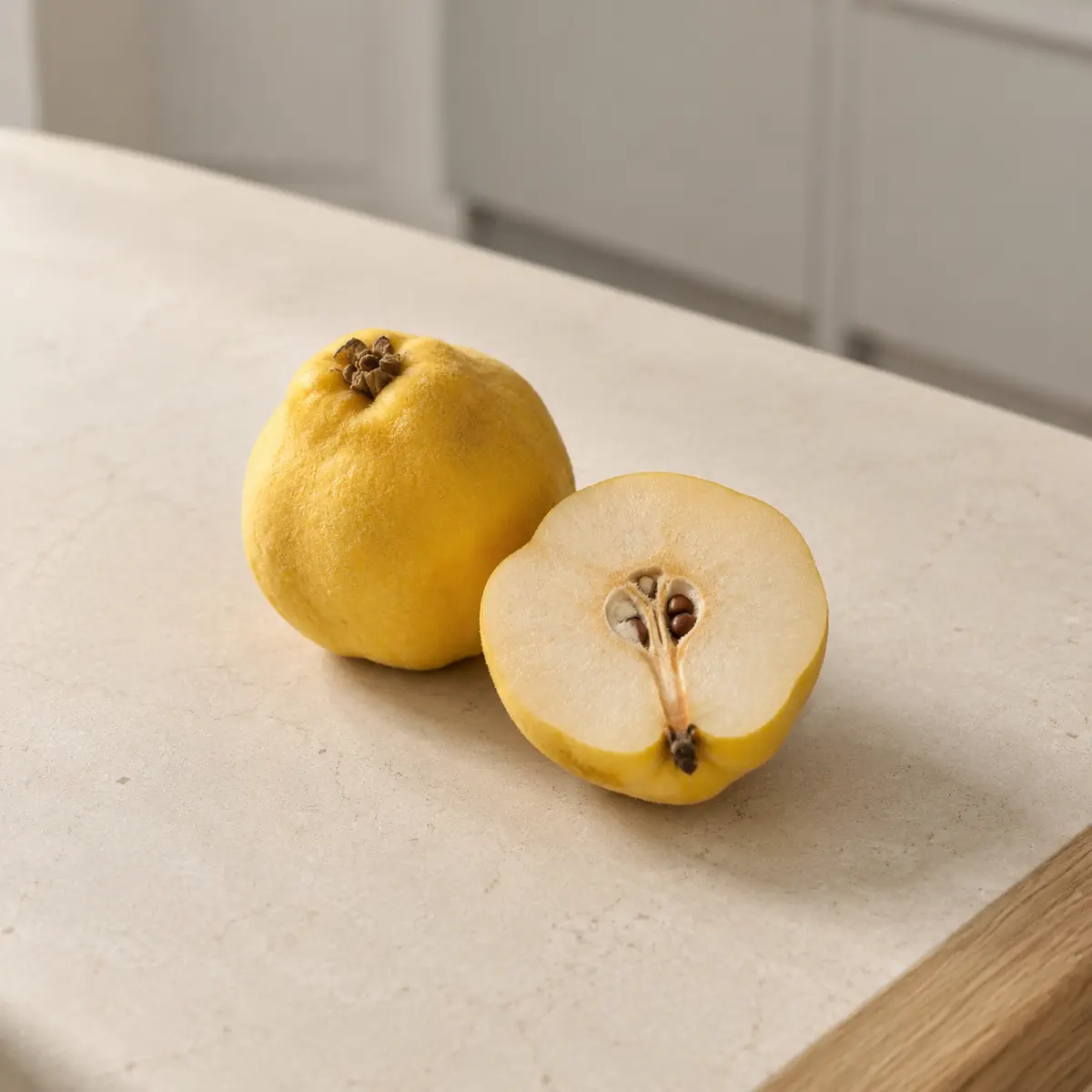 Coing : le fruit entier, et une moitié coupée à côté.