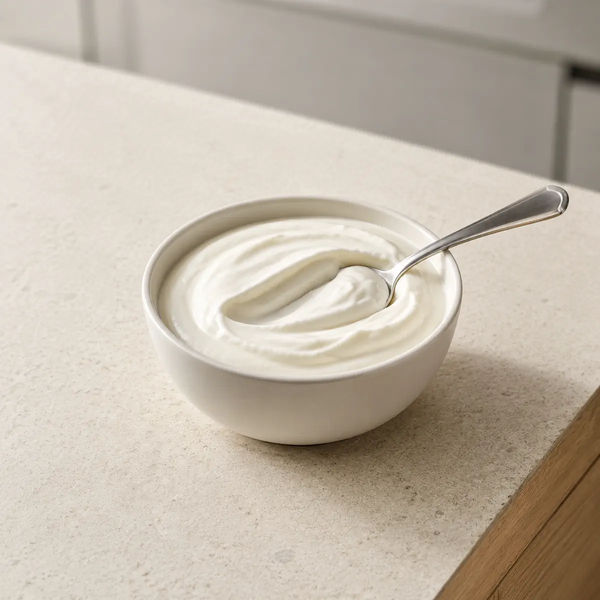 Crème aigre : un bol blanc, une cuillère qui y creuse un sillon.