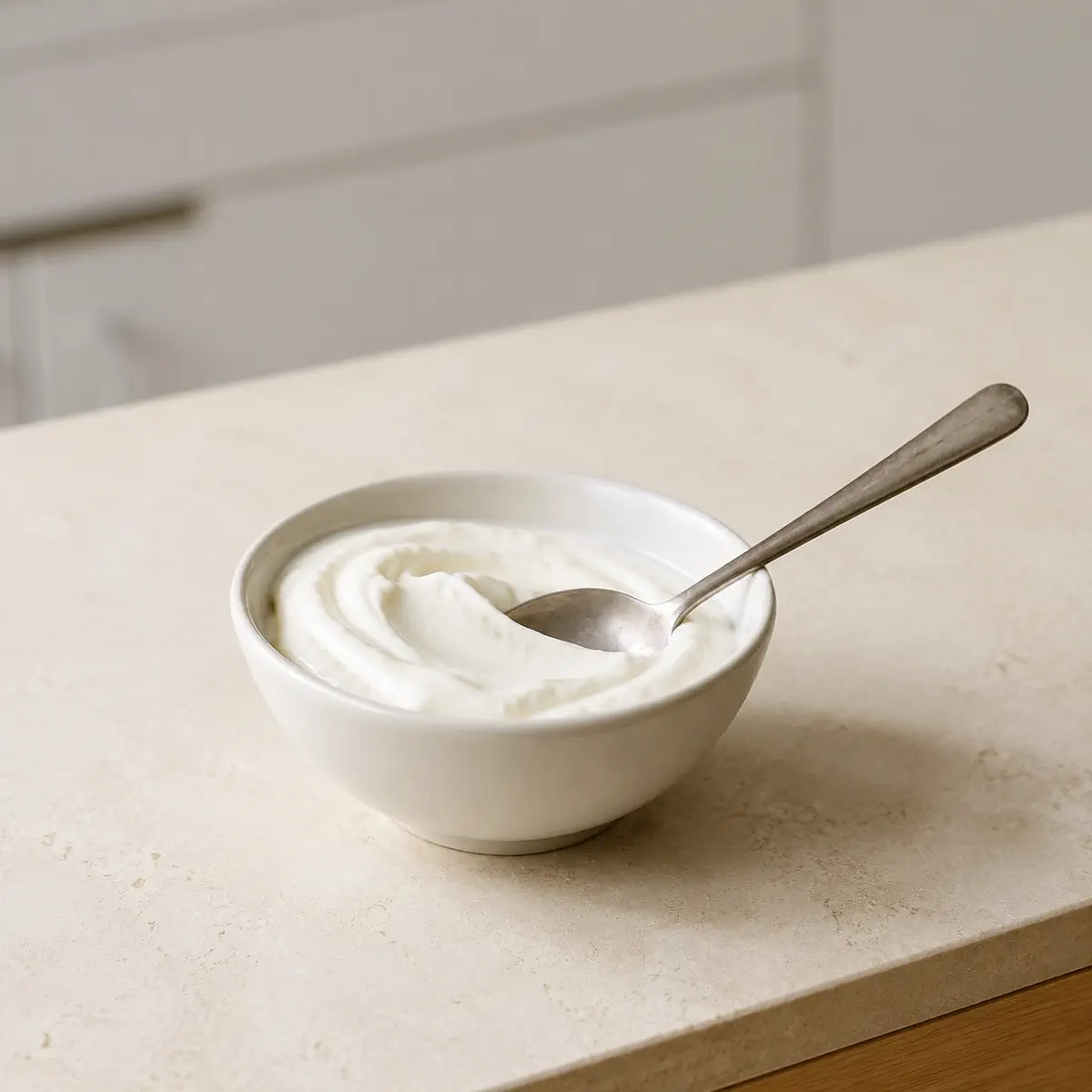 Crème aigre légère : un bol blanc, une cuillère qui y creuse un sillon.
