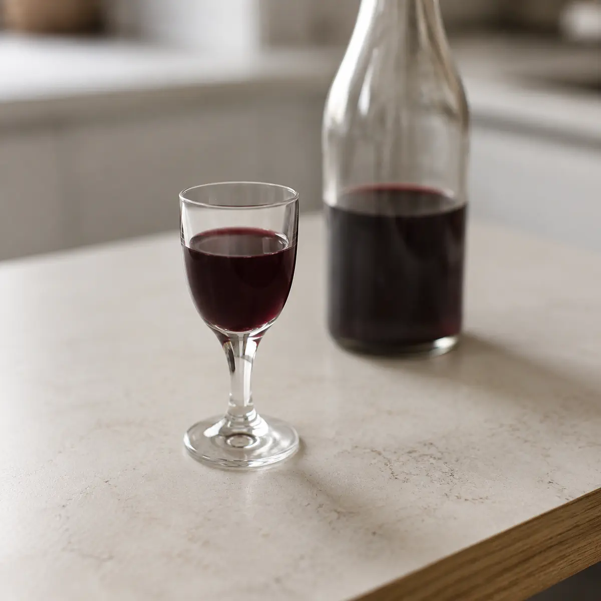 Crème de cassis : un verre à pied à moitié plein, une bouteille sans étiquette derrière.