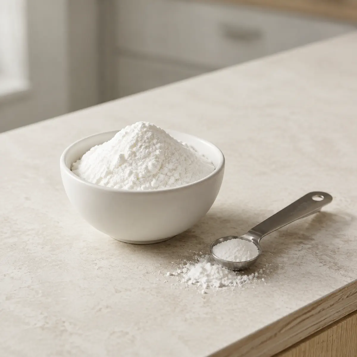 Dextrose : un bol blanc rempli, une cuillère doseuse à côté.