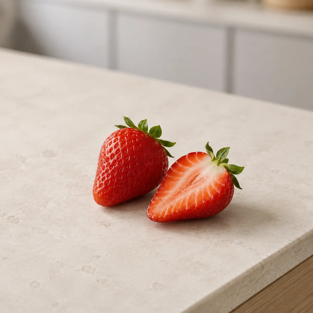 Fraise : le fruit entier, et une moitié coupée à côté.