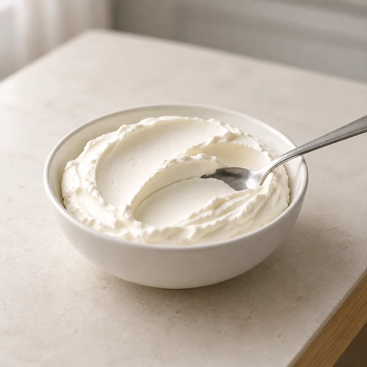Fromage frais : un bol blanc, une cuillère qui y creuse un sillon.