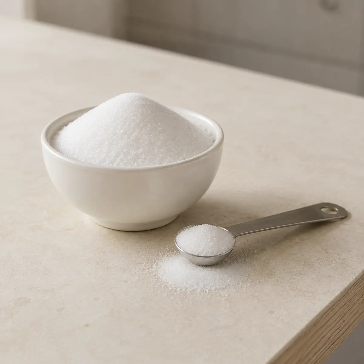 Fructose : un bol blanc rempli, une cuillère doseuse à côté.
