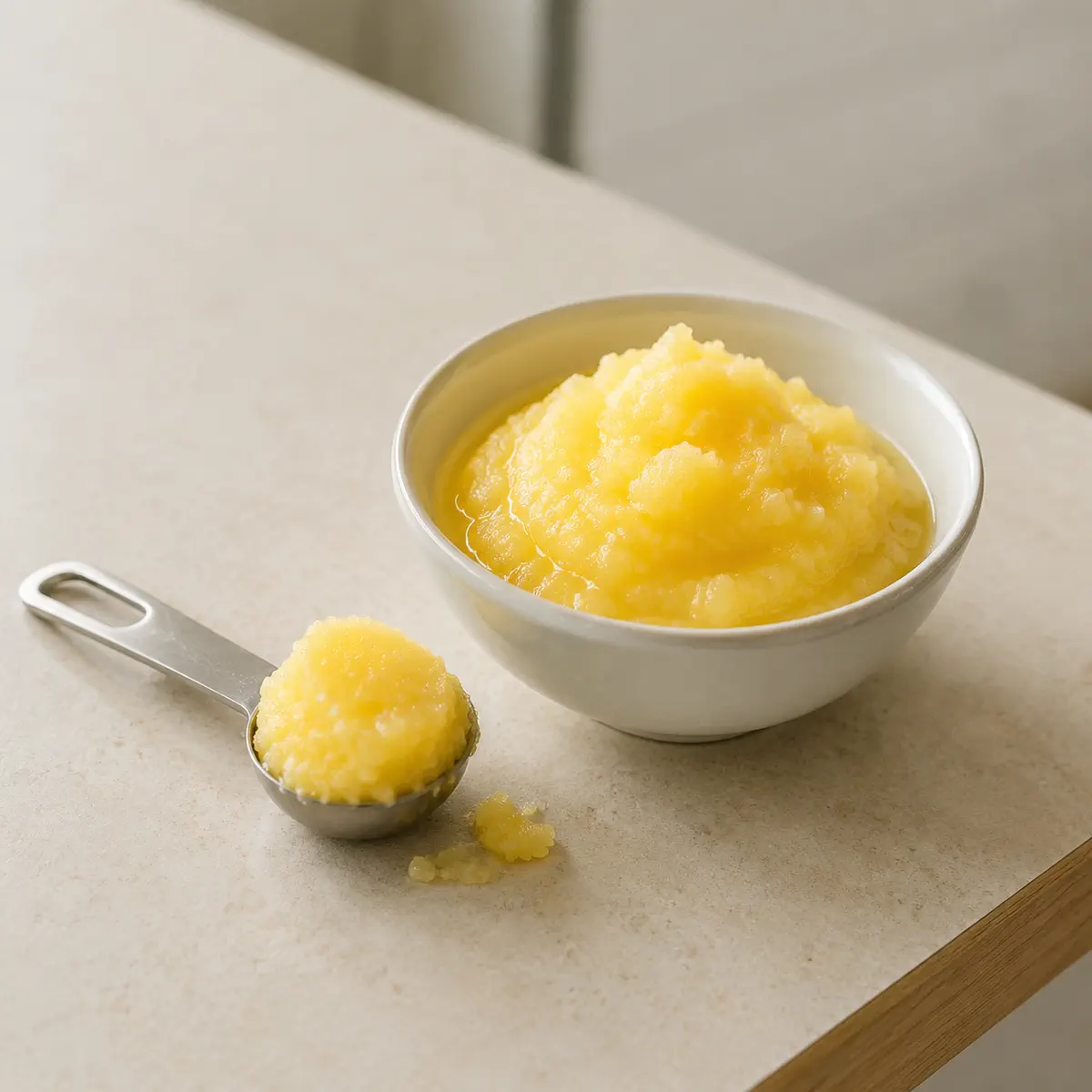 Ghee : un bol blanc rempli, une cuillère doseuse à côté.