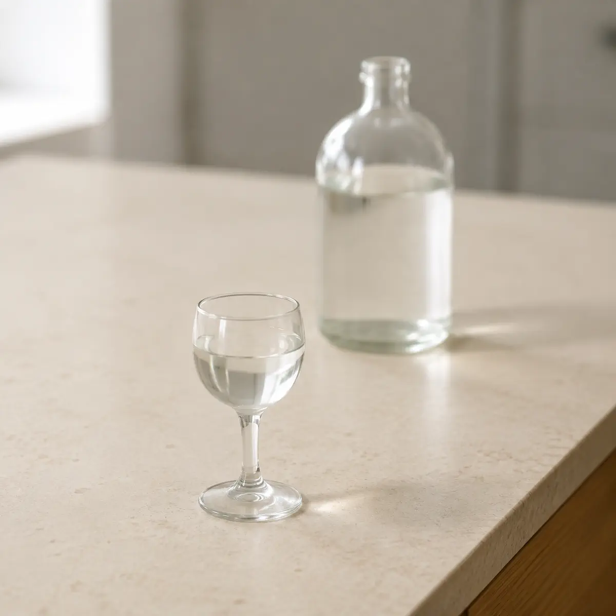 Gin : un verre à pied à moitié plein, une bouteille sans étiquette derrière.