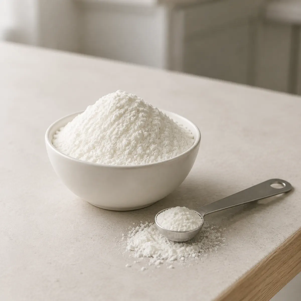 Glucose atomisé DE 38 : un bol blanc rempli, une cuillère doseuse à côté.