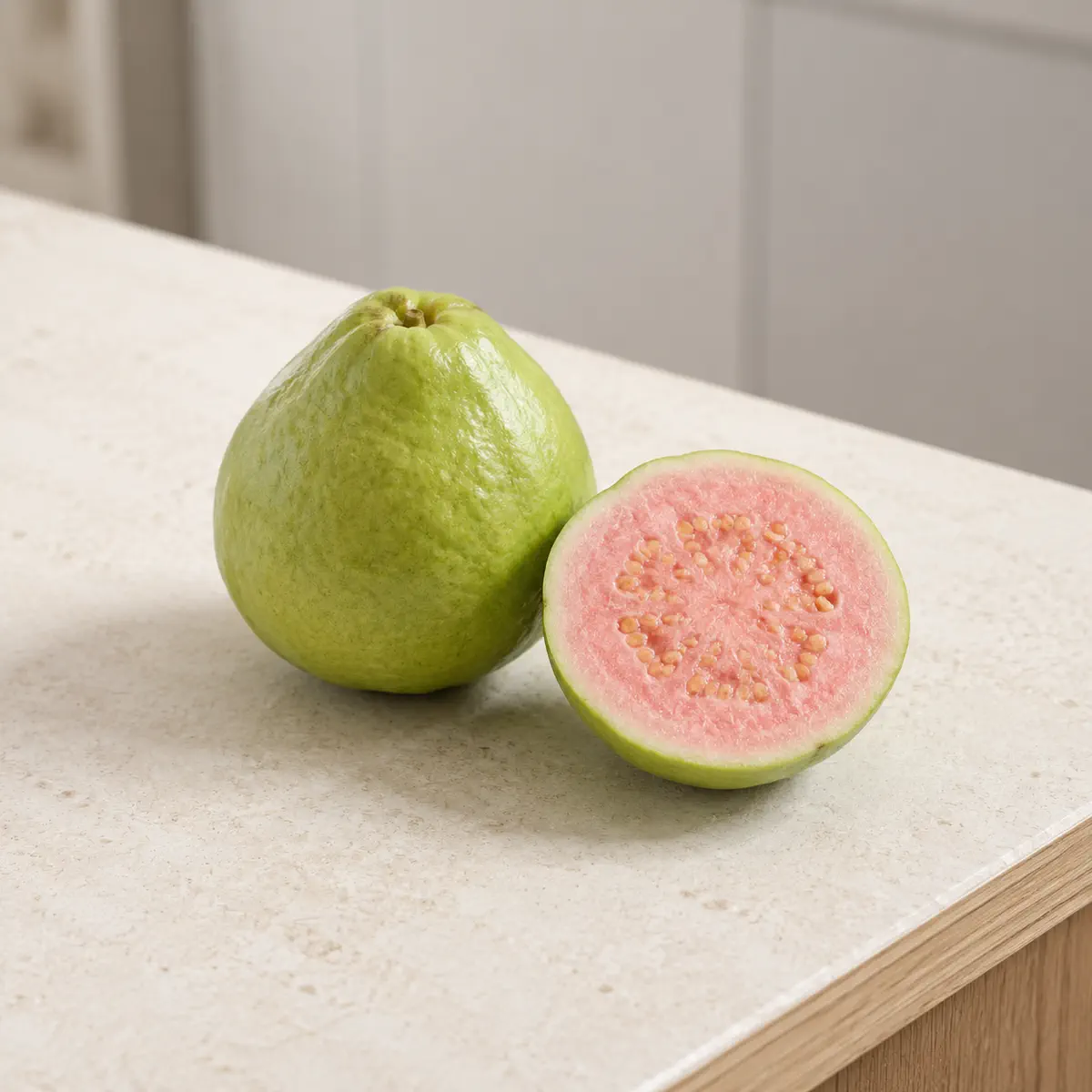 Goyave : le fruit entier, et une moitié coupée à côté.
