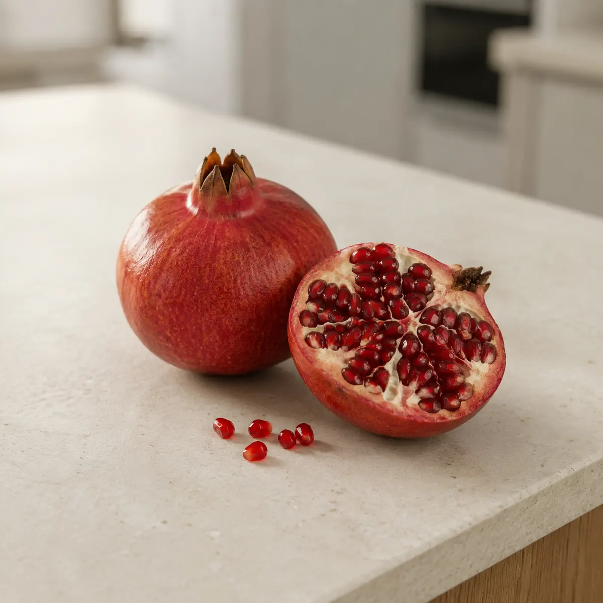 Grenade : le fruit entier, et une moitié coupée à côté.