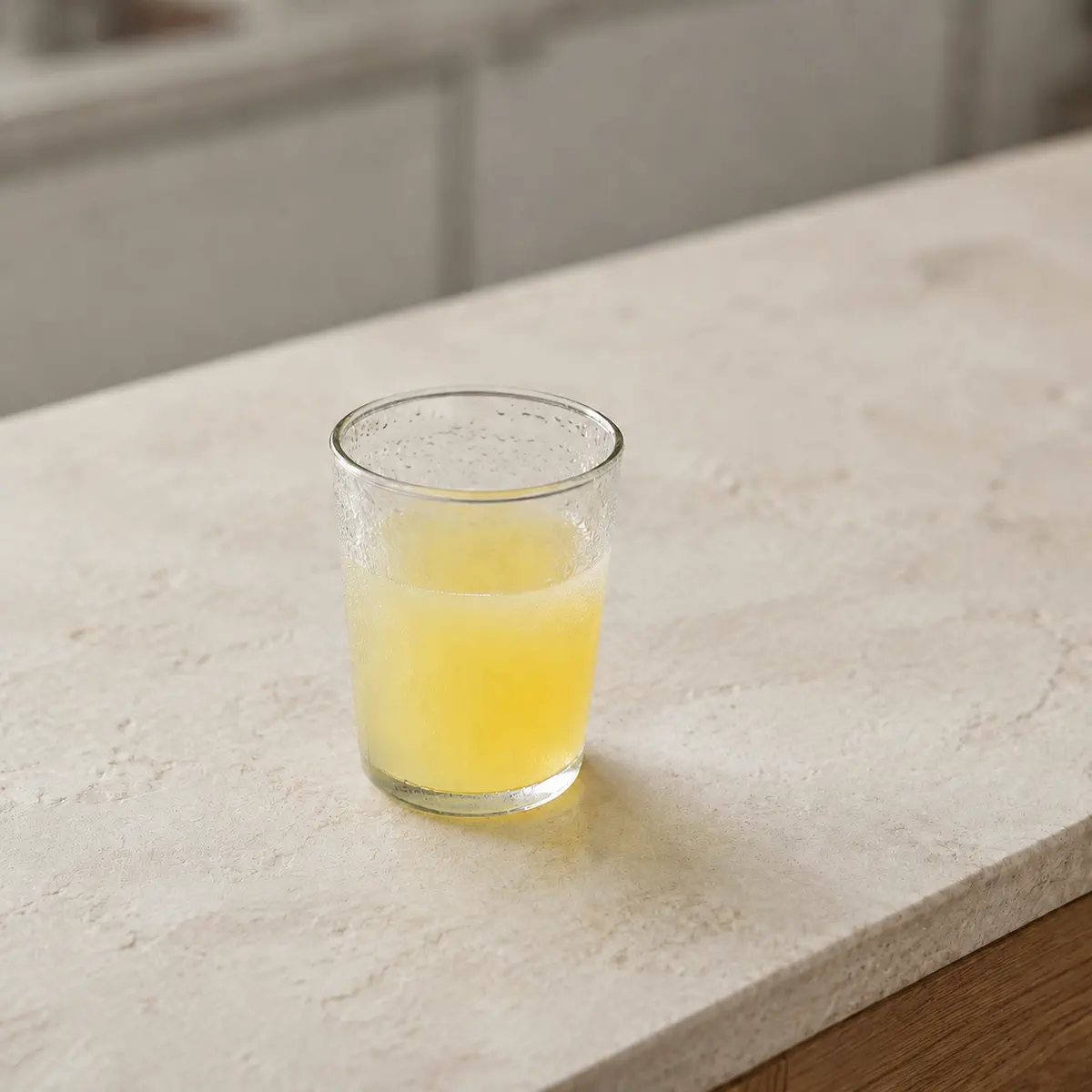 Jus de citron : un grand verre, embué.