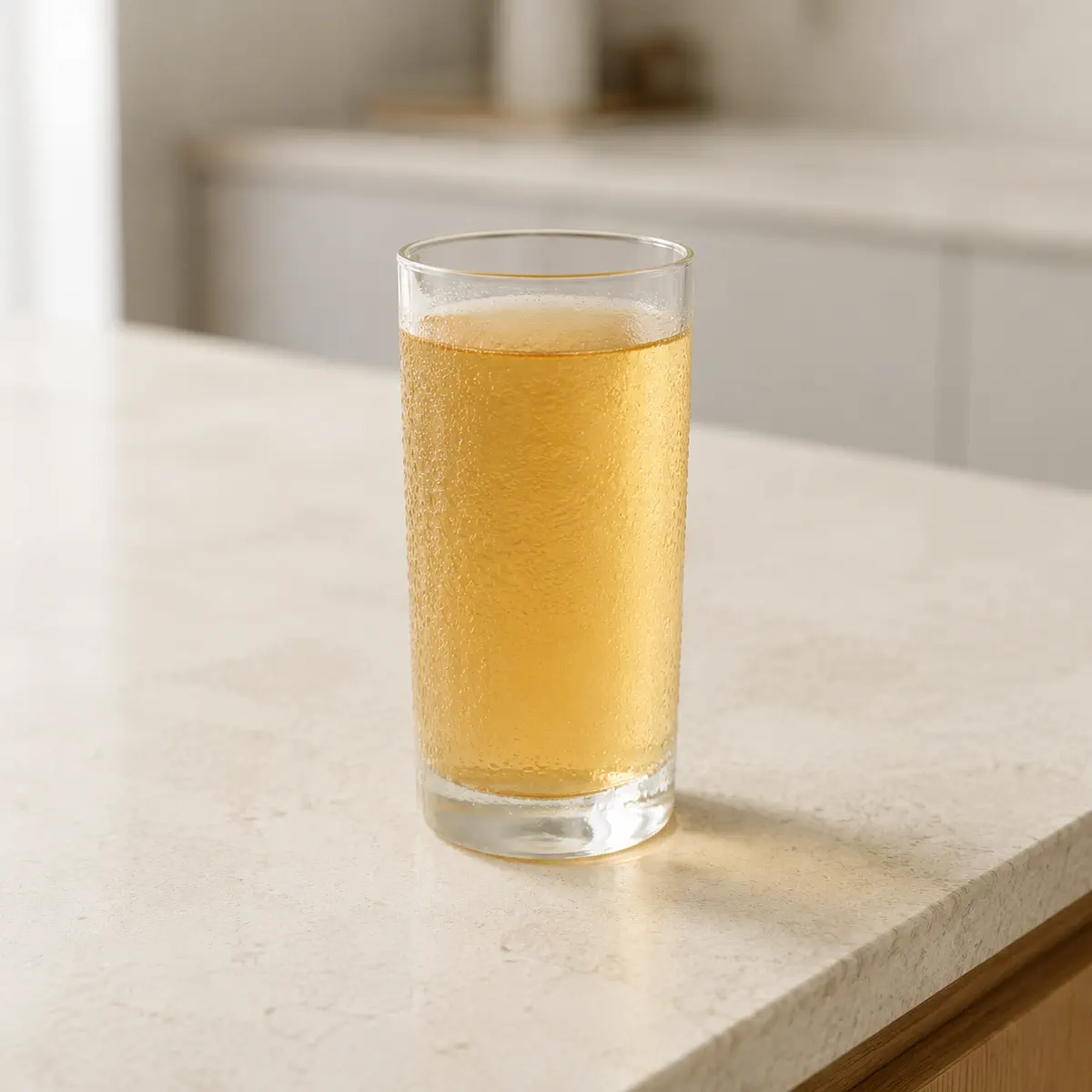 Jus de pomme : un grand verre, embué.