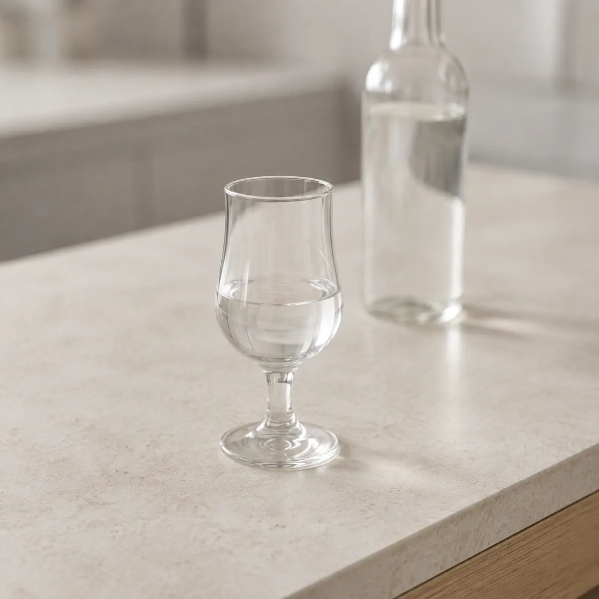 Kirsch : un verre à pied à moitié plein, une bouteille sans étiquette derrière.