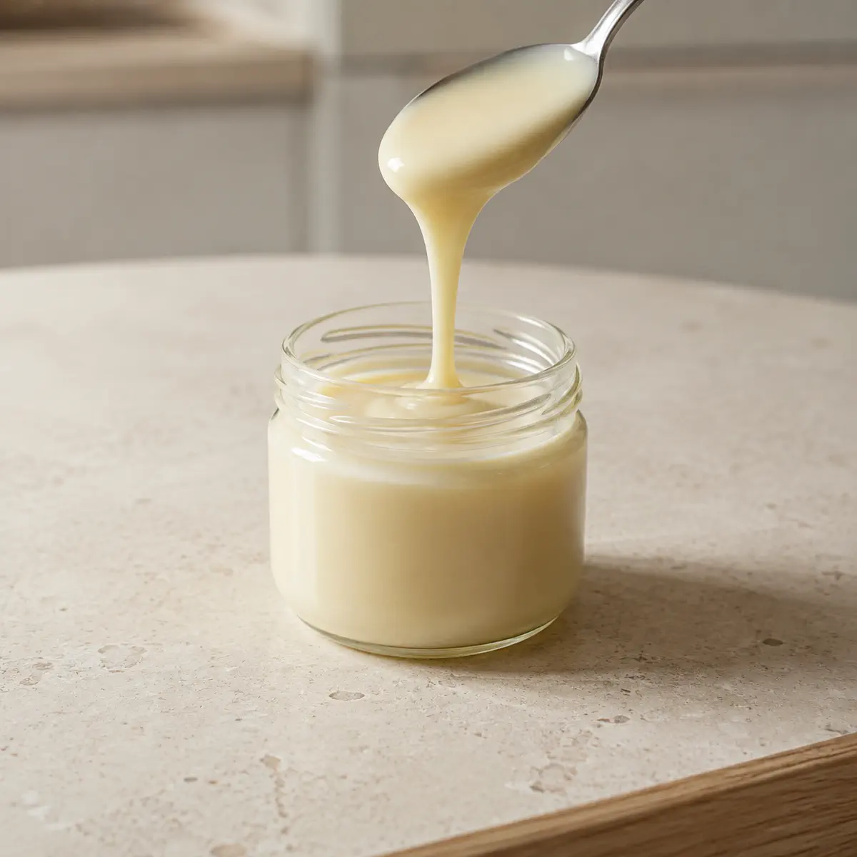 Lait concentré sucré : un bocal de verre, et une cuillère qui en soulève un fil.