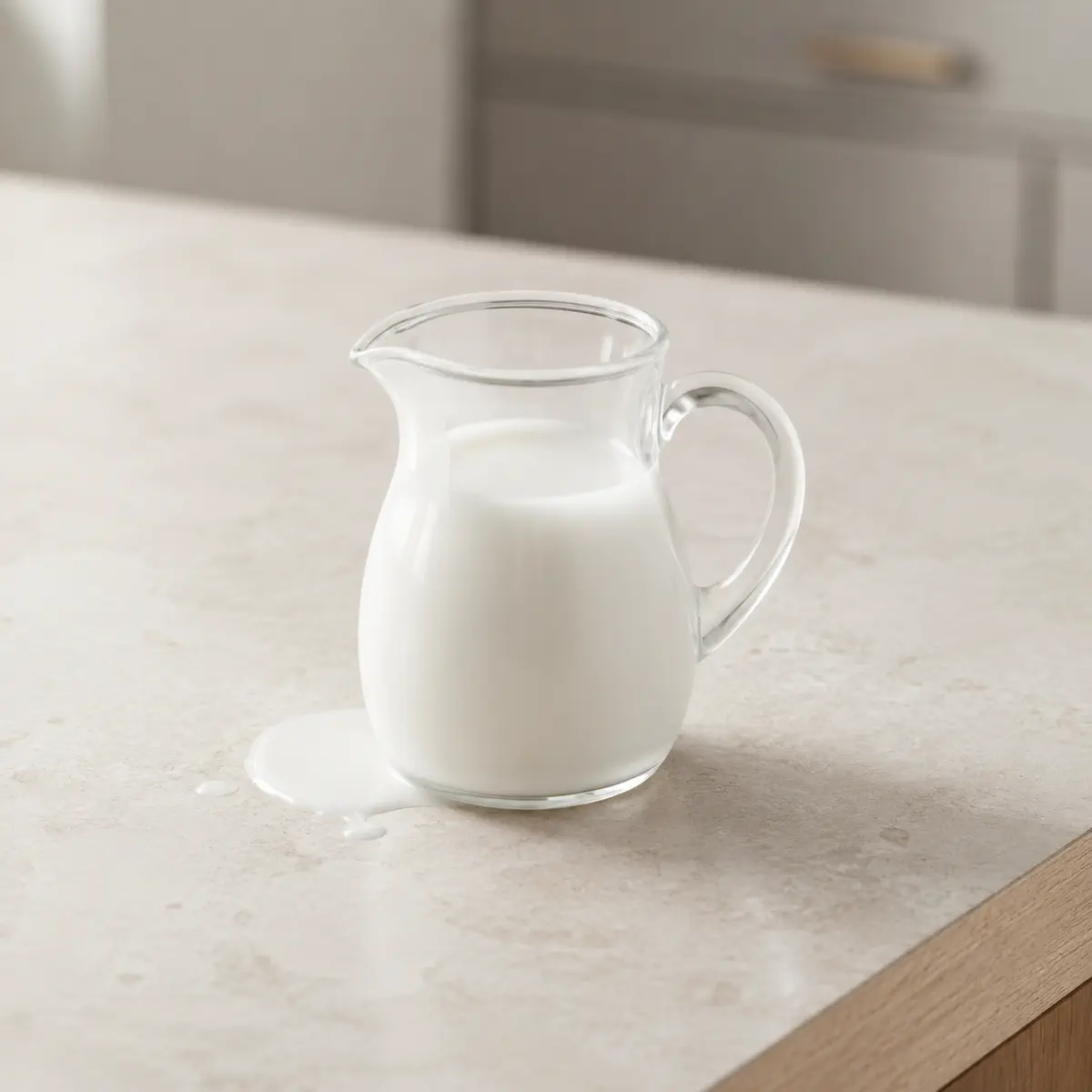 Lait de coco : un pichet de verre, fraîchement versé.