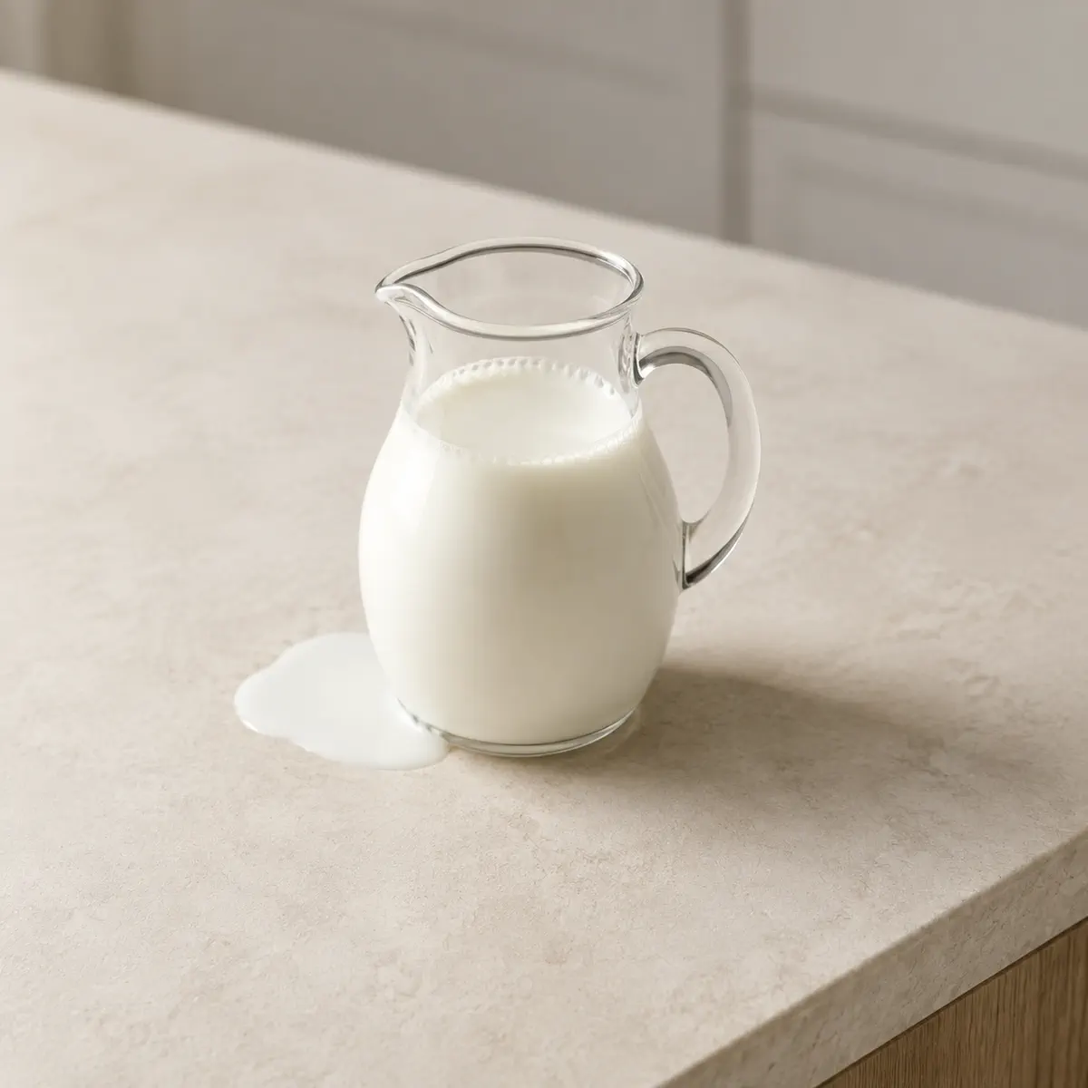 Lait demi-écrémé : un pichet de verre, fraîchement versé.