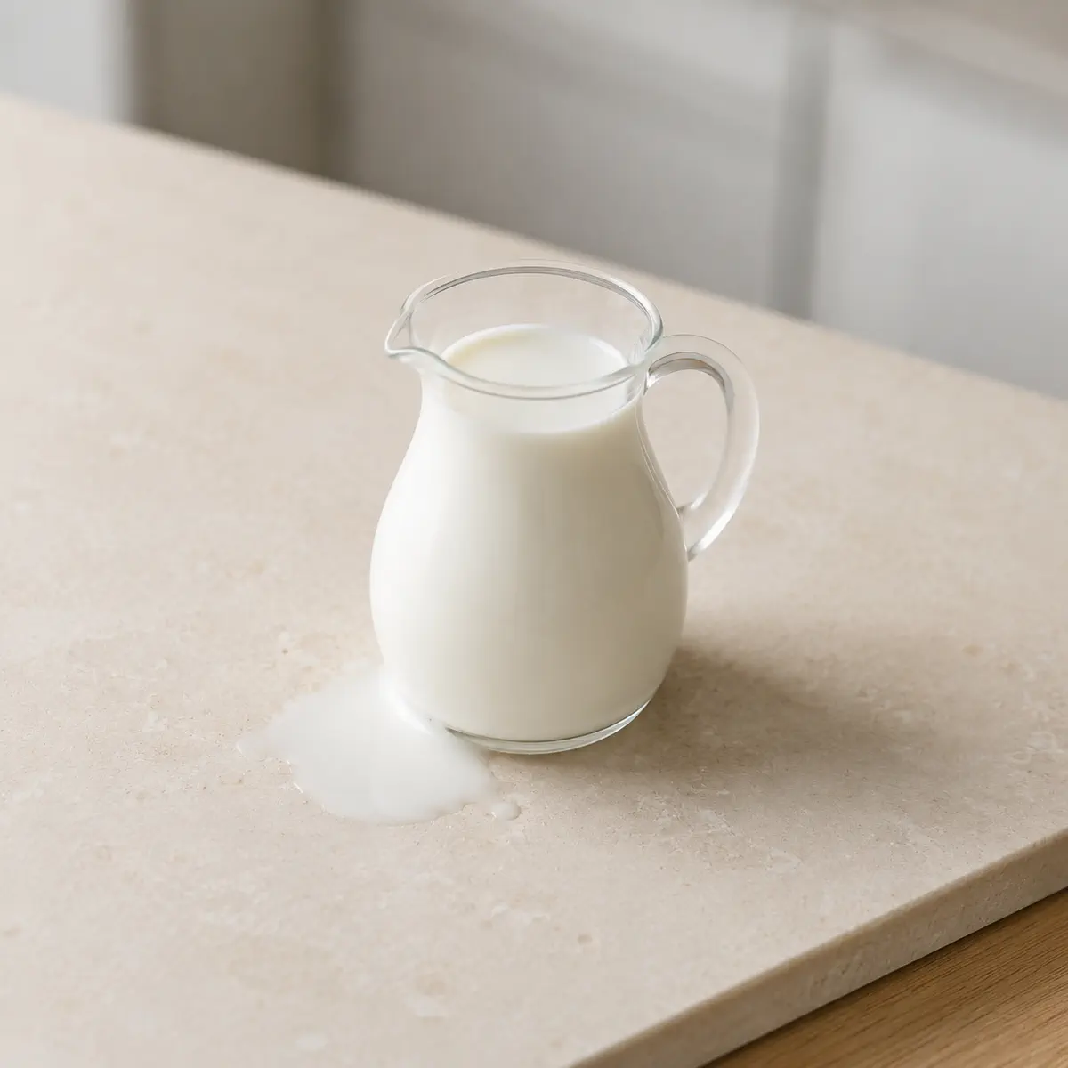 Lait entier sans lactose : un pichet de verre, fraîchement versé.