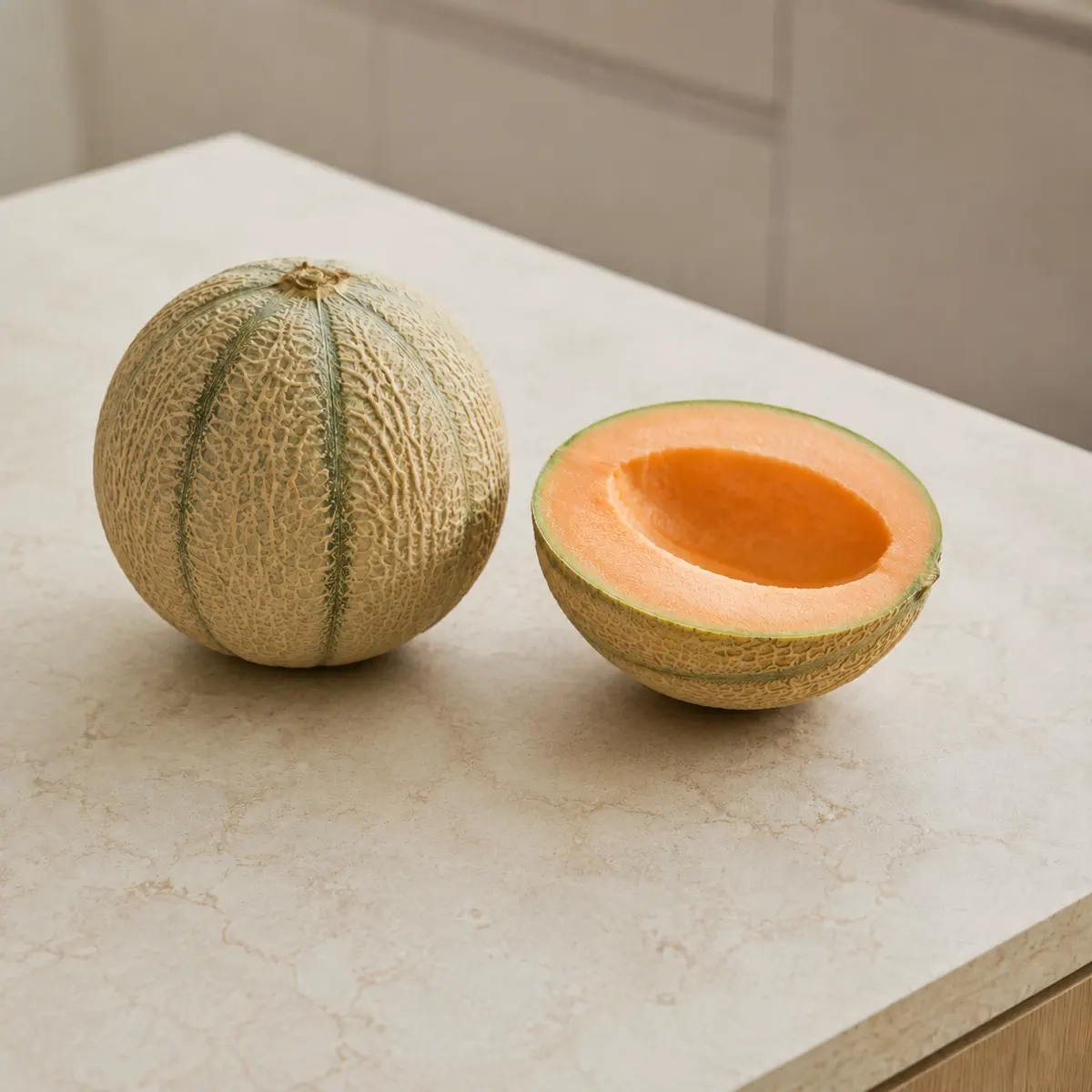 Melon : le fruit entier, et une moitié coupée à côté.