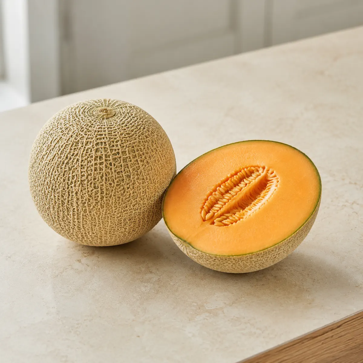 Melon cantaloup : le fruit entier, et une moitié coupée à côté.