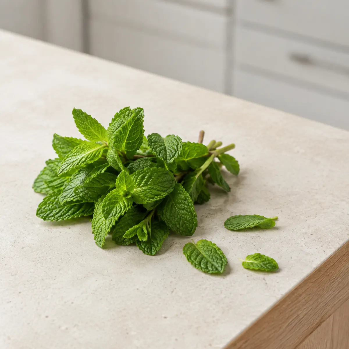 Menthe fraîche : un petit bouquet, et quelques feuilles détachées à côté.