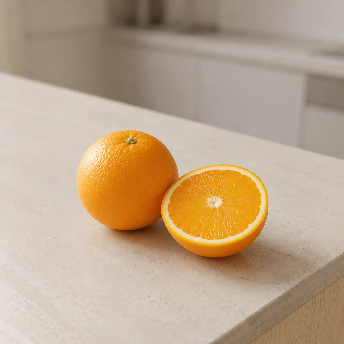 Orange : le fruit entier, et une moitié coupée à côté.