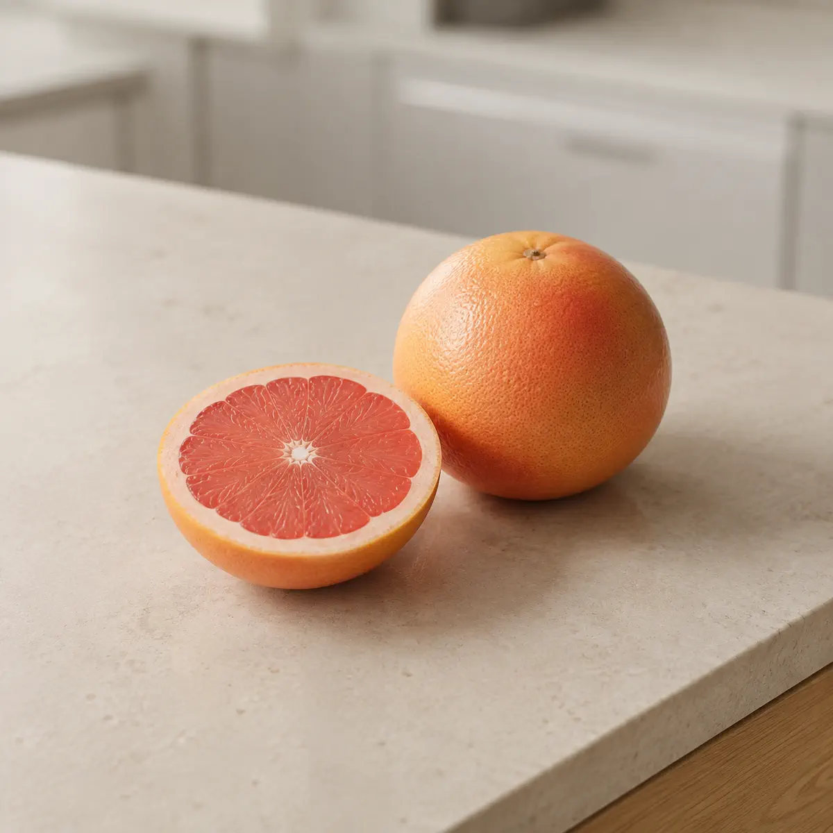 Pamplemousse : le fruit entier, et une moitié coupée à côté.