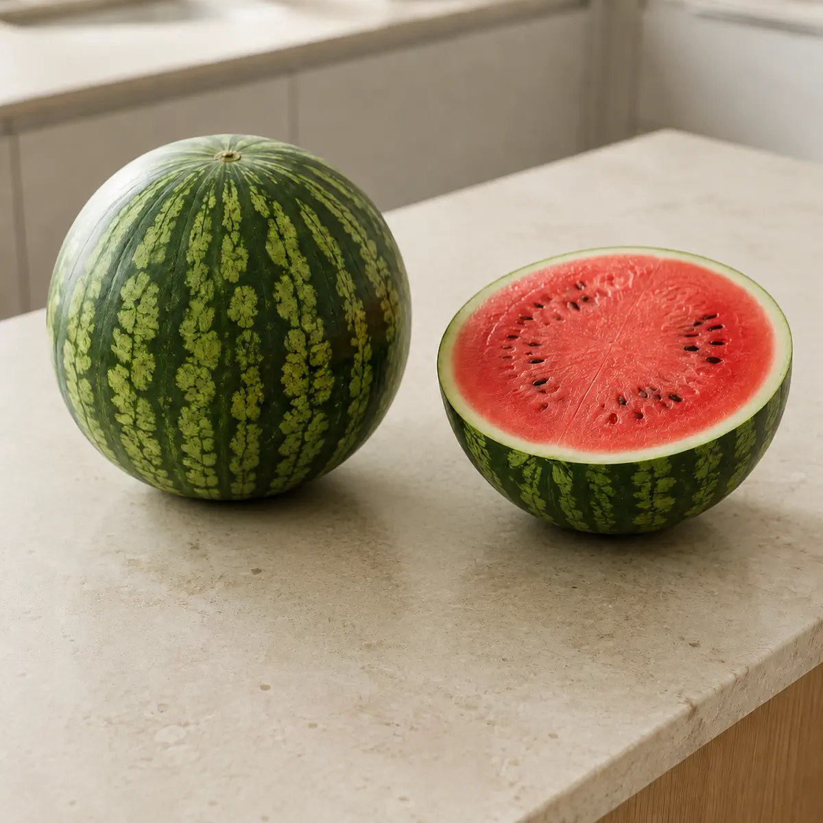 Pastèque : le fruit entier, et une moitié coupée à côté.