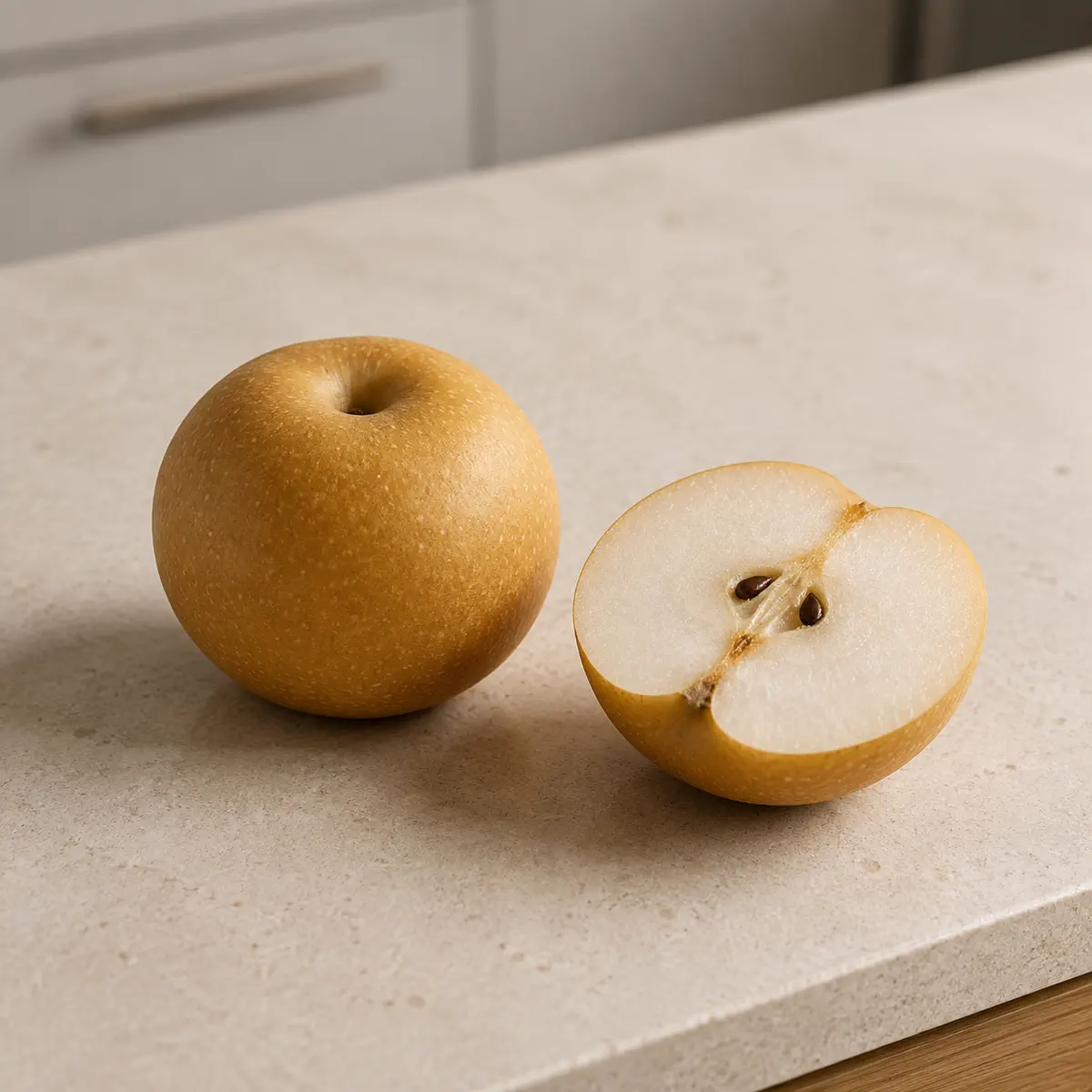Poire nashi : le fruit entier, et une moitié coupée à côté.