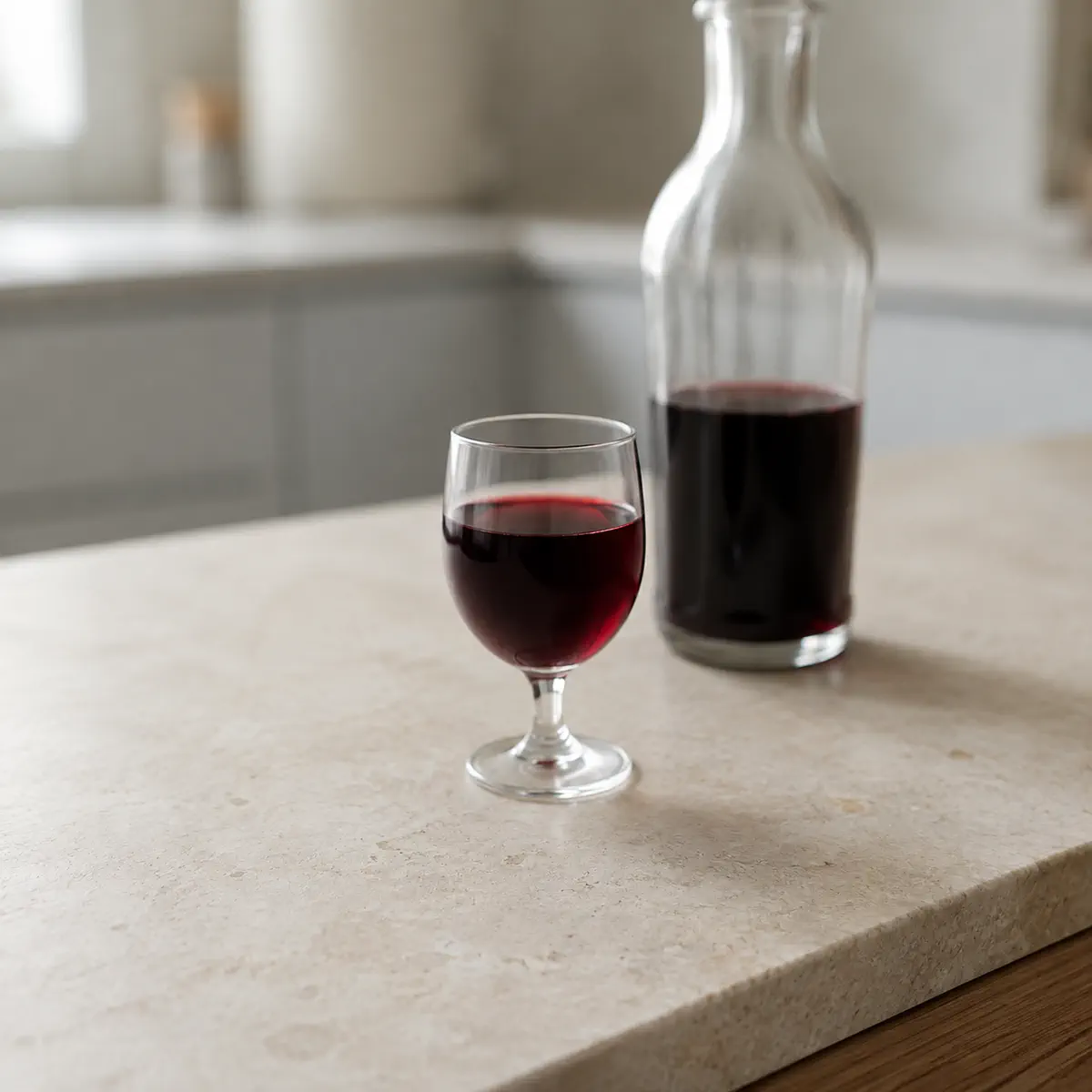 Porto : un verre à pied à moitié plein, une bouteille sans étiquette derrière.
