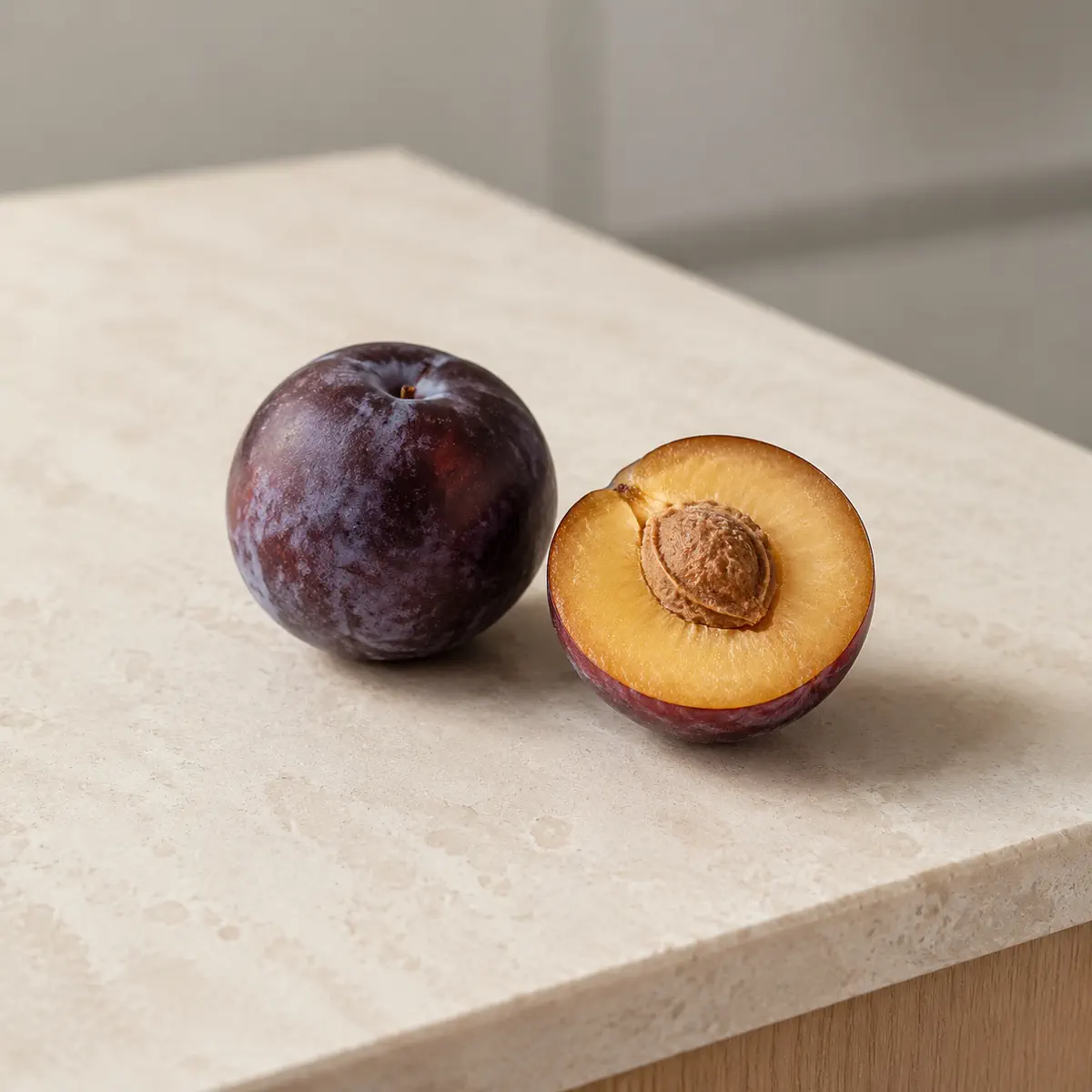 Prune : le fruit entier, et une moitié coupée à côté.