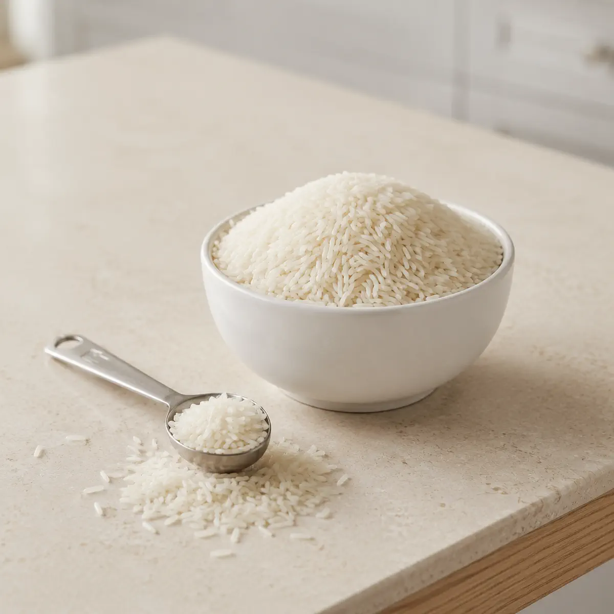 Riz blanc cru : un bol blanc rempli, une cuillère doseuse à côté.