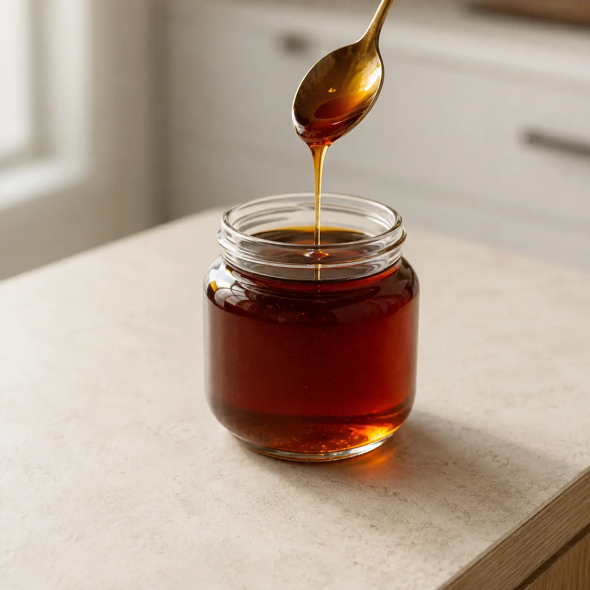 Sirop d’érable : un bocal de verre, et une cuillère qui en soulève un fil.