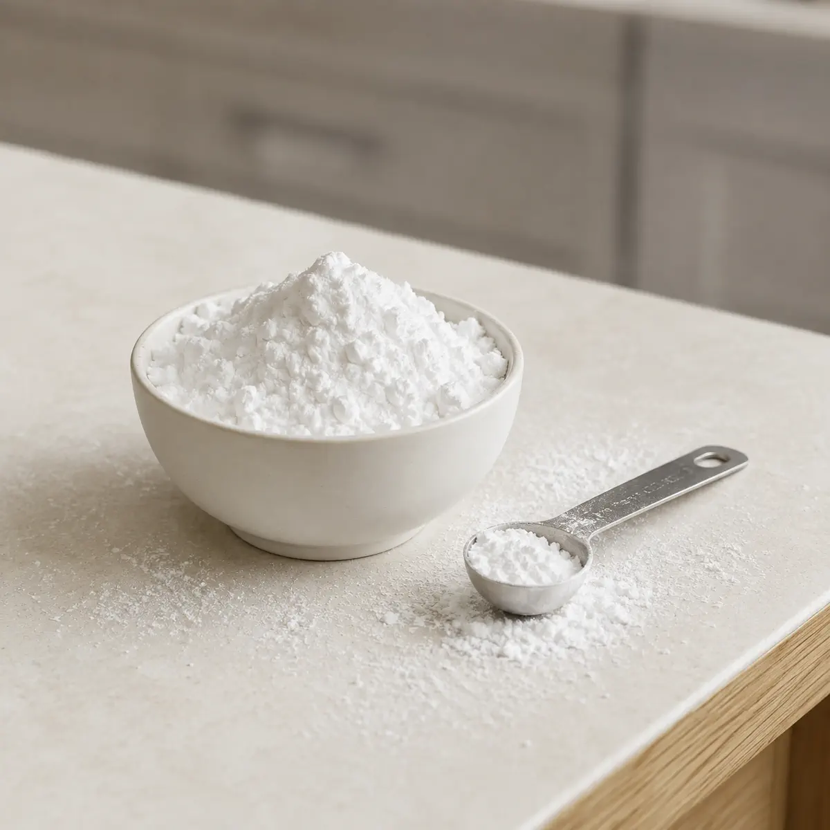 Sucre glace : un bol blanc rempli, une cuillère doseuse à côté.
