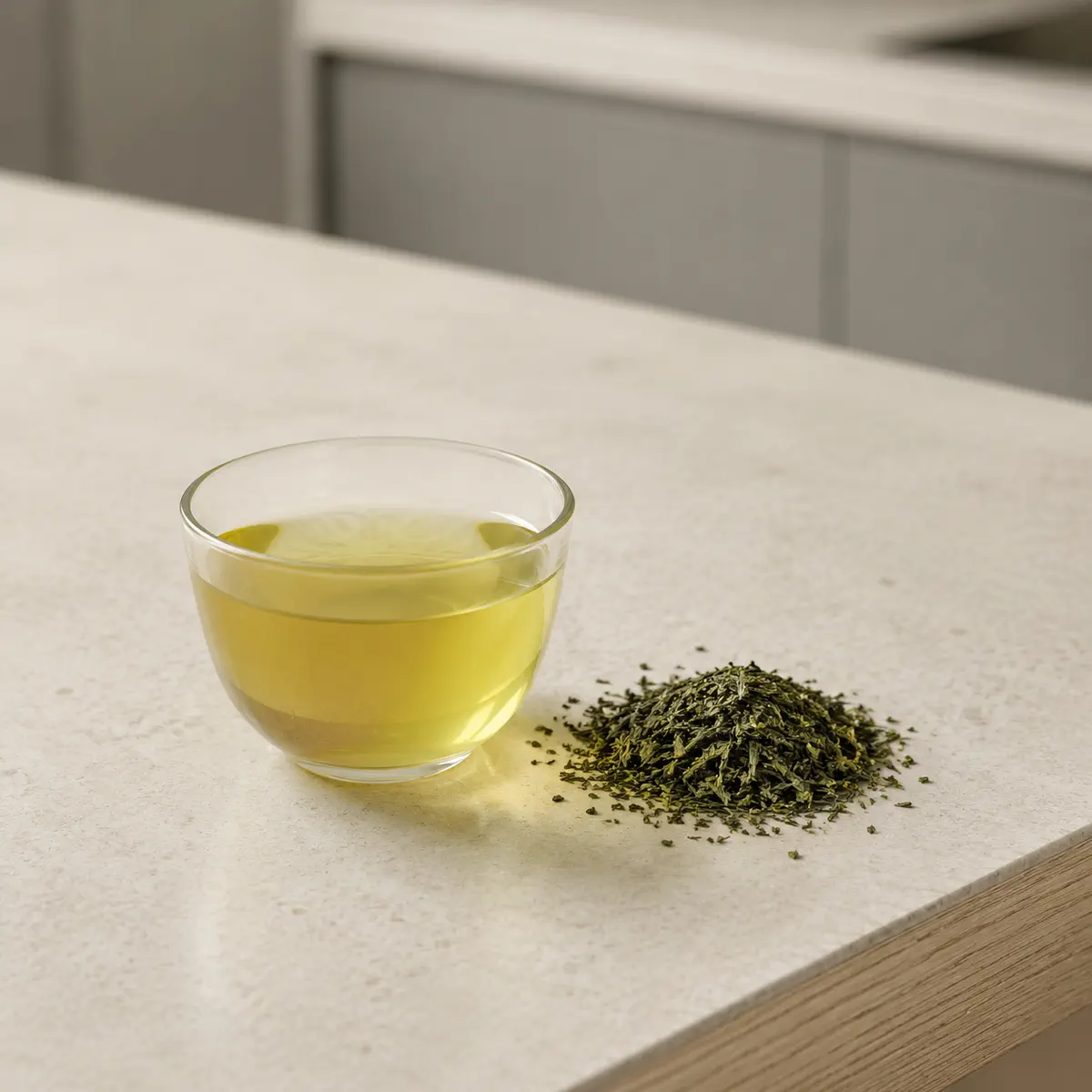 Thé vert infusé : une tasse de verre, et les feuilles sèches à côté.