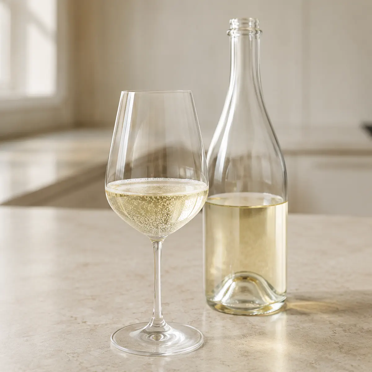Vin blanc mousseux : un verre à pied à moitié plein, une bouteille sans étiquette derrière.