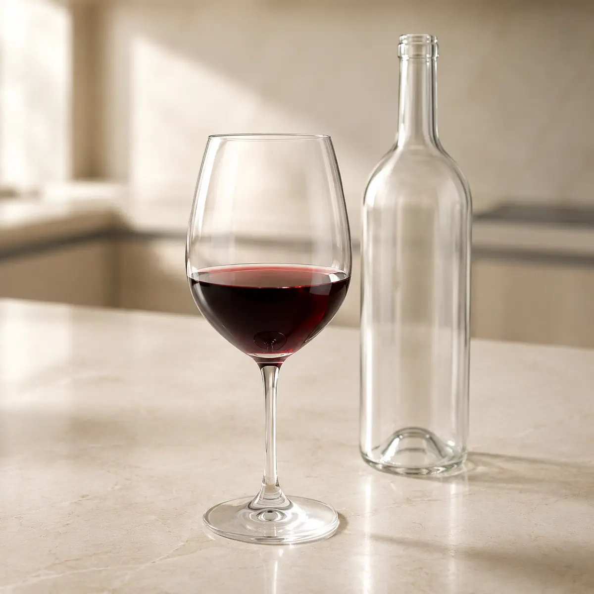 Vin rouge : un verre à pied à moitié plein, une bouteille sans étiquette derrière.