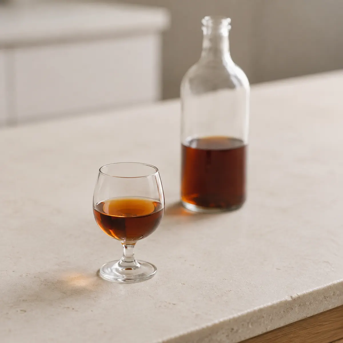 Xérès doux : un verre à pied à moitié plein, une bouteille sans étiquette derrière.