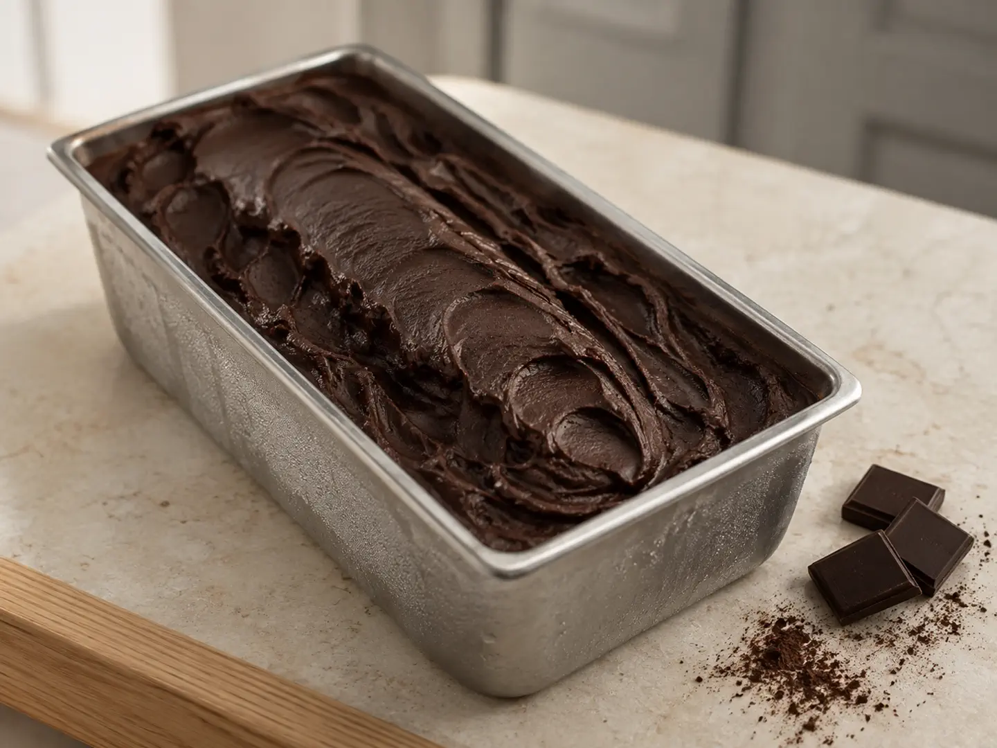 Un bac de gelato chocolat noir, presque brun-noir, sillonné à la spatule.