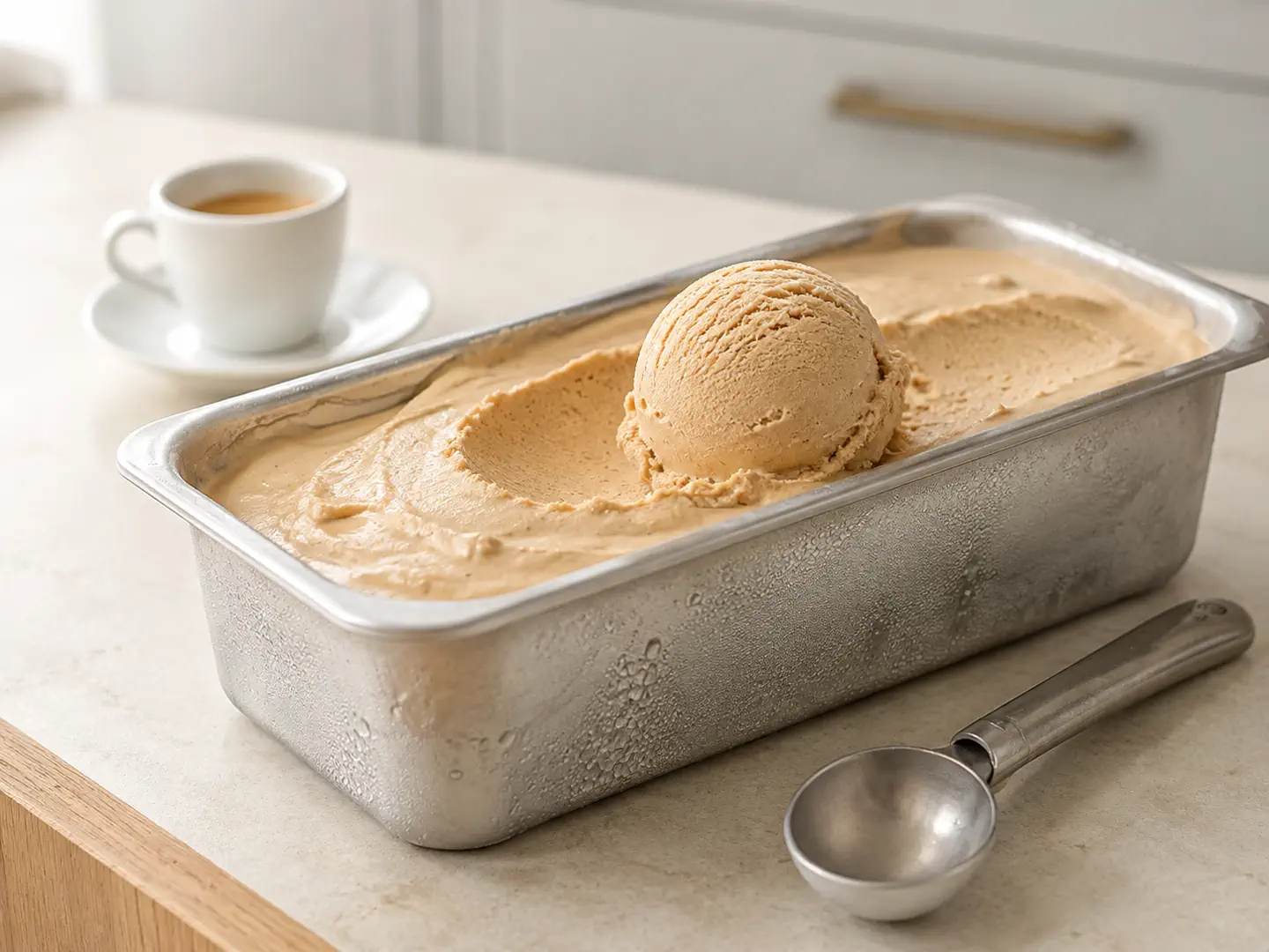 Une boule de glace au café brun clair, la cuillère posée à côté du bac.