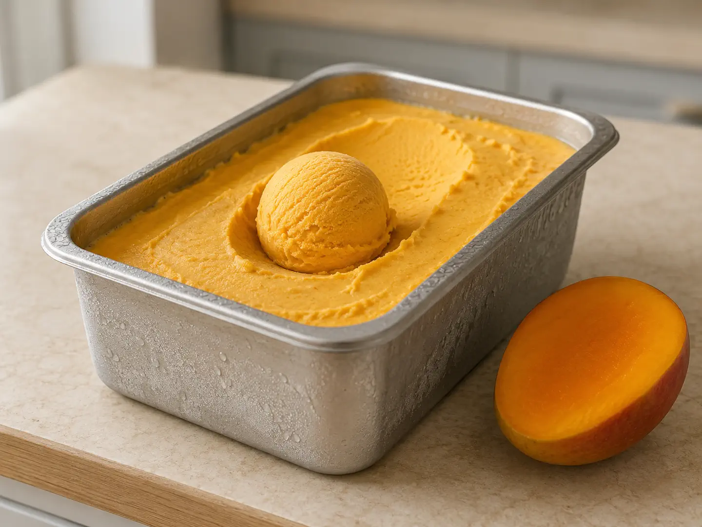 Une boule de glace à la mangue jaune orangé, dans un bac en inox.